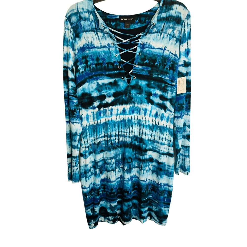 2/$30 Fifteen Twenty Large Tie-Dye Dress Bodycon Lace-Up Neckline NWT